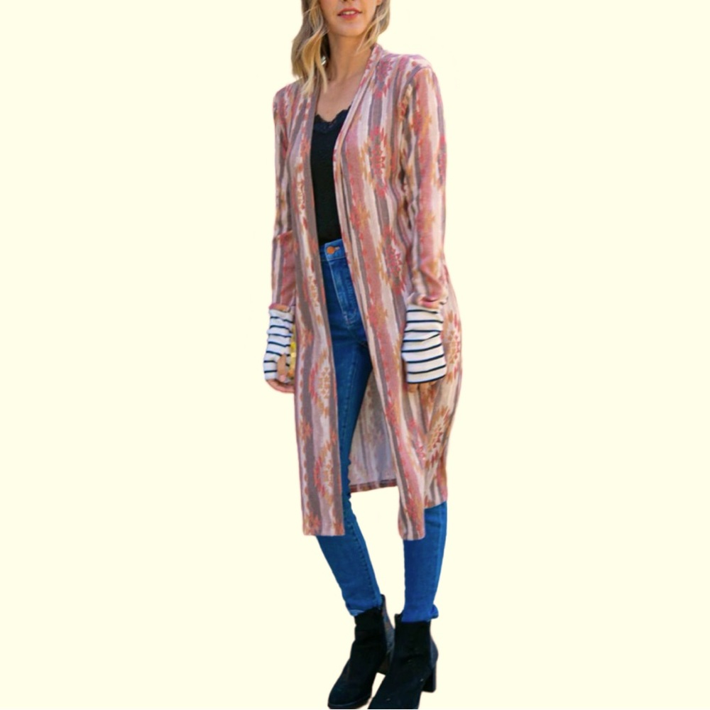 7th Ray Aztec Printed Stripe Sleeve Open Cardigan - Picture 5 of 10